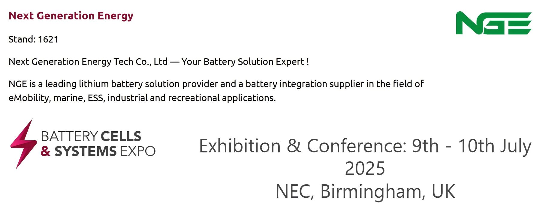 NGE Tech to Exhibit at Battery Cells & Systems Expo 2025 in the UK - Image 1